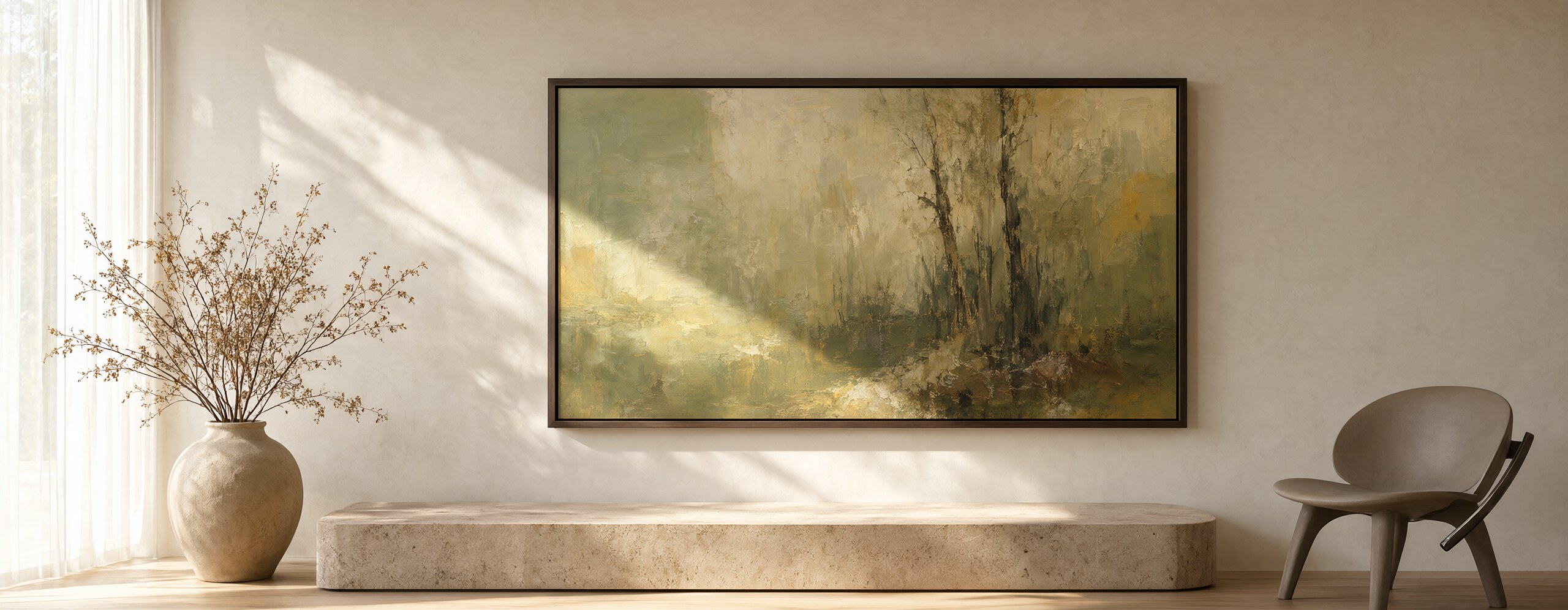 BOE iGallery S3 Pro art display in a walnut frame on its art stand, in a sunlit gallery living room.