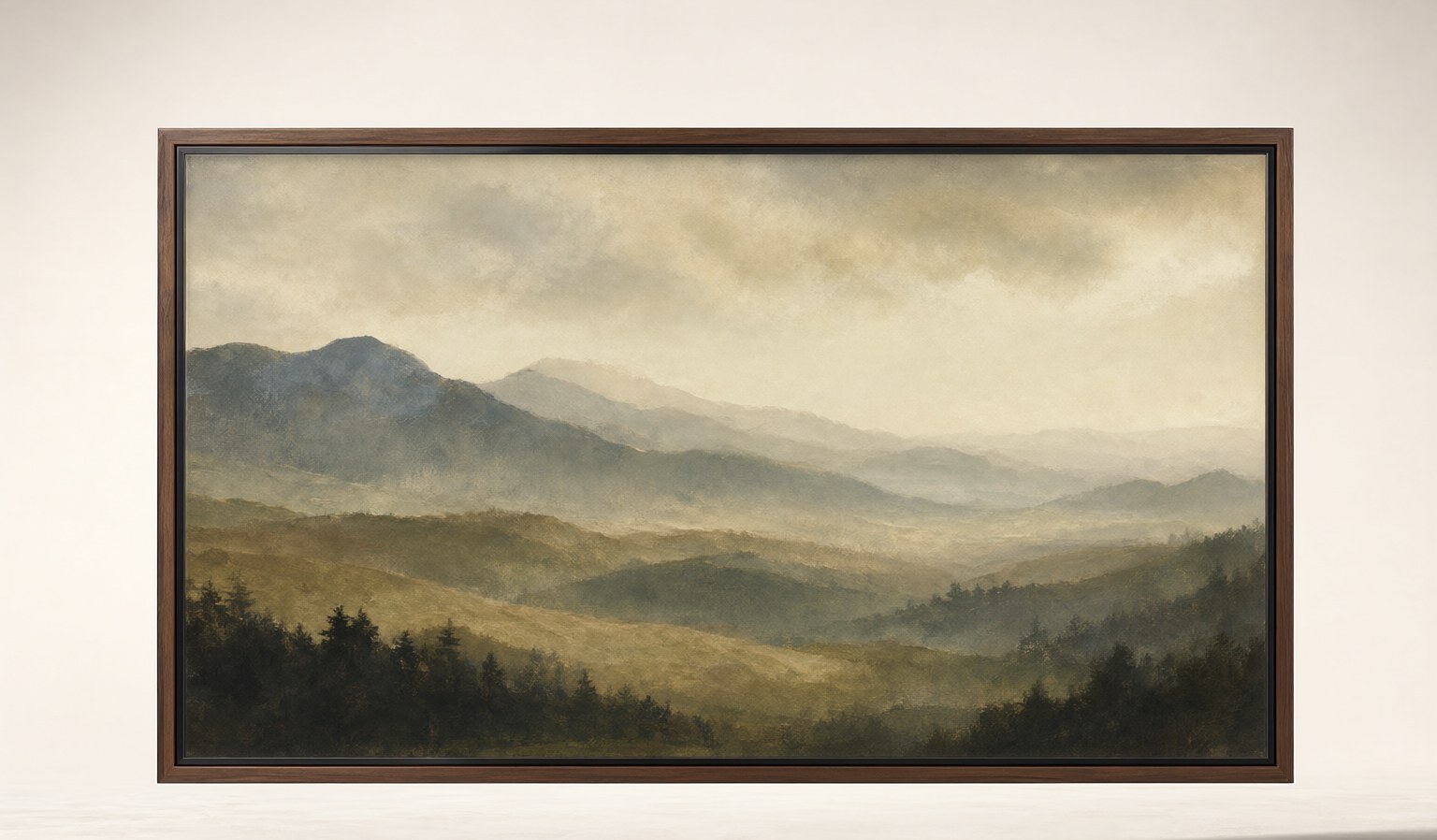 Front view of the BOE iGallery S3 Pro 65-inch art display in a dark walnut frame.